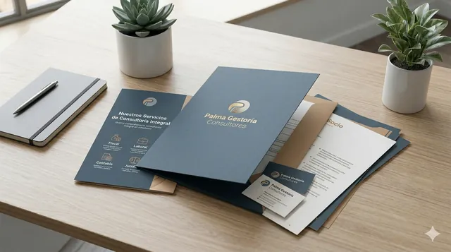 Identidad corporativa y papelería de la asesoría Palma Gestoría Consultores: carpeta, tarjetas y folleto