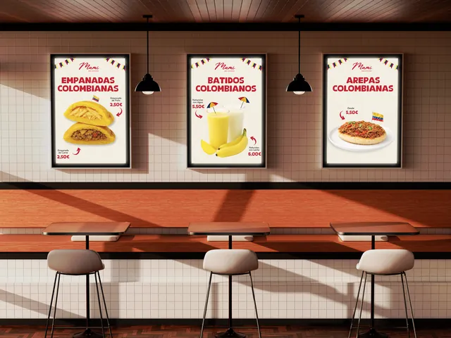 Carteles de empanadas, batidos y arepas colombianas diseñados para el bar cafetería Mami