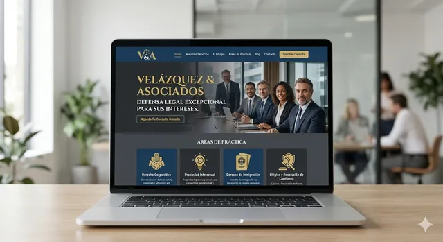Diseño web del despacho de abogados Velázquez & Asociados con sus áreas de práctica