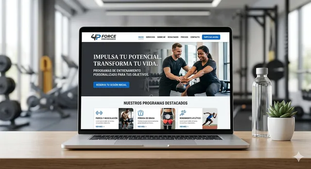 Diseño web de Force Performance, entrenamiento personalizado, mostrado en un portátil