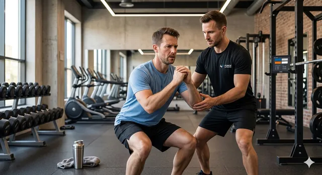 Entrenador personal corrigiendo la técnica de una sentadilla a un cliente en un gimnasio