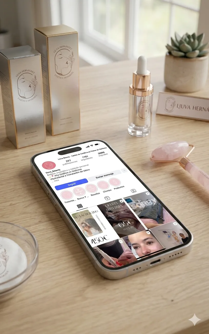 Perfil de Instagram del centro de estética Lluva Beauty junto a su packaging
