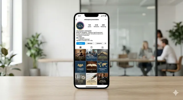 Perfil de Instagram del bufete Velázquez & Asociados con publicaciones de áreas de práctica